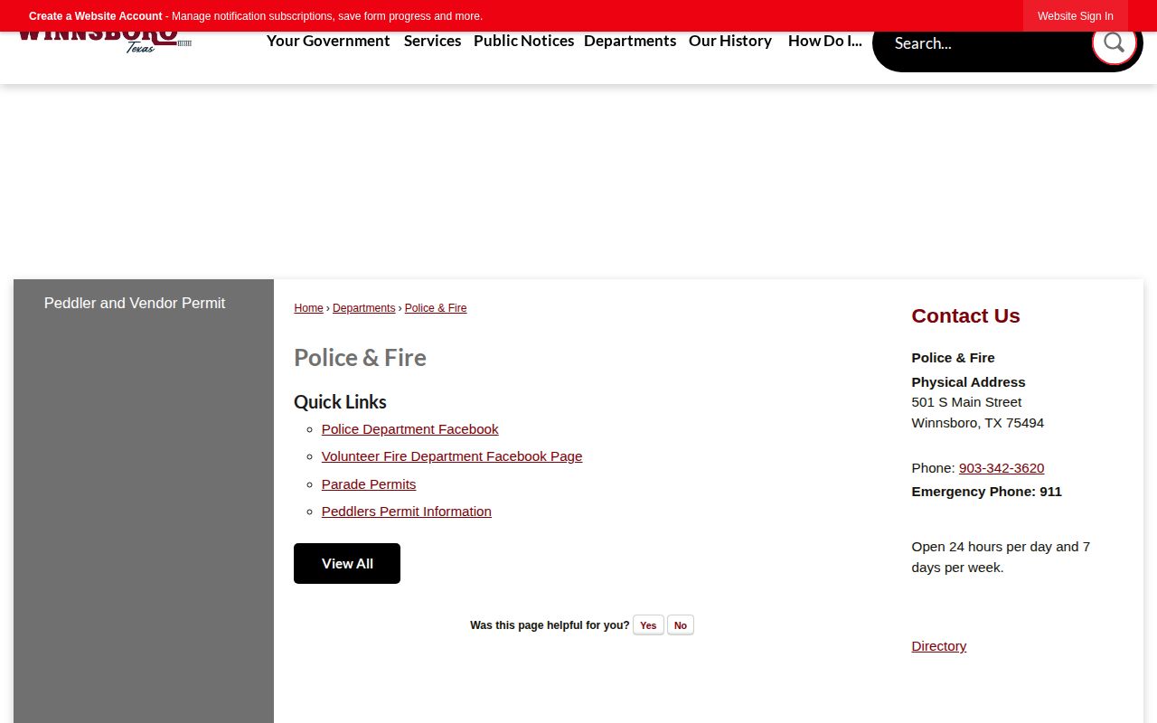 Winnsboro Police Department official contact page for arrest-record routing